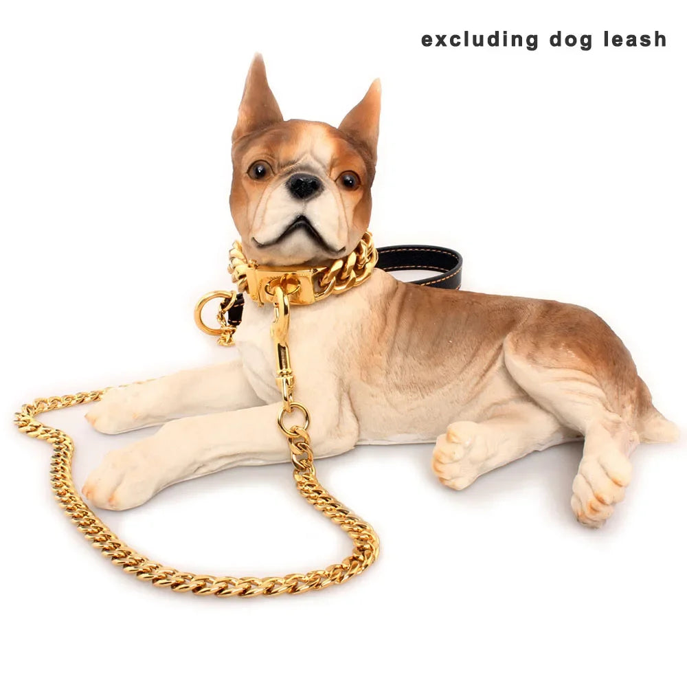 19mm Gold Chain Dog Collar Luxurious Sliver Gold Cuban Link Dog Collar with Secure Snap Buckle for Medium and Large Pit Bulls