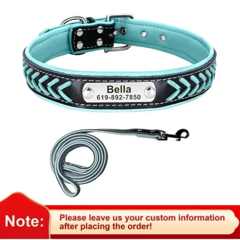 Engraved Leather Dog Collar Braided Persoanzled ID Tag Collars Nameplate Customized Pet Collar Leather Pet Walking Leash Leads