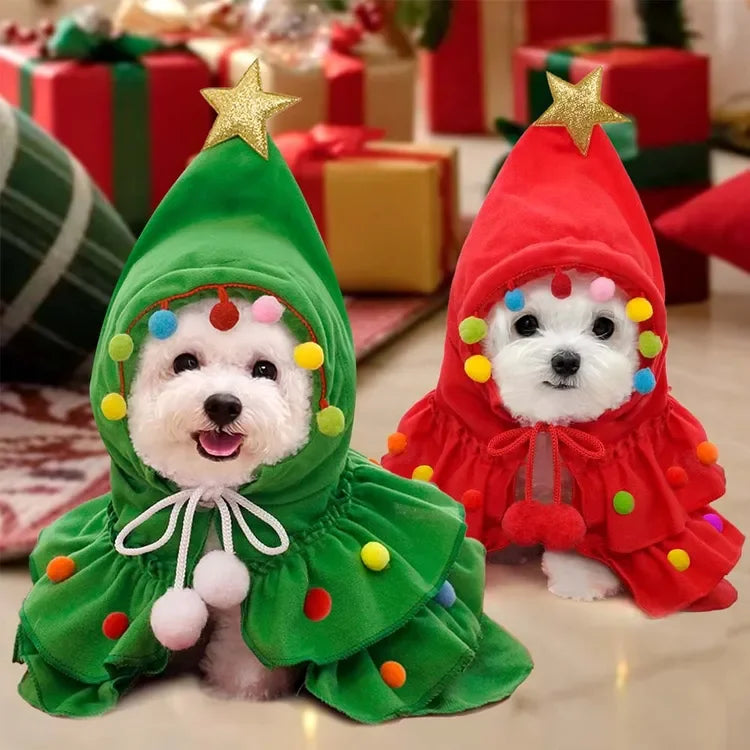 Pet Christmas Tree Costume Dog Cat Xmas Cape Cloak with Star Pom‑pom Decor Holiday Cosplay Outfit Small Dogs Cats Party Dress‑up