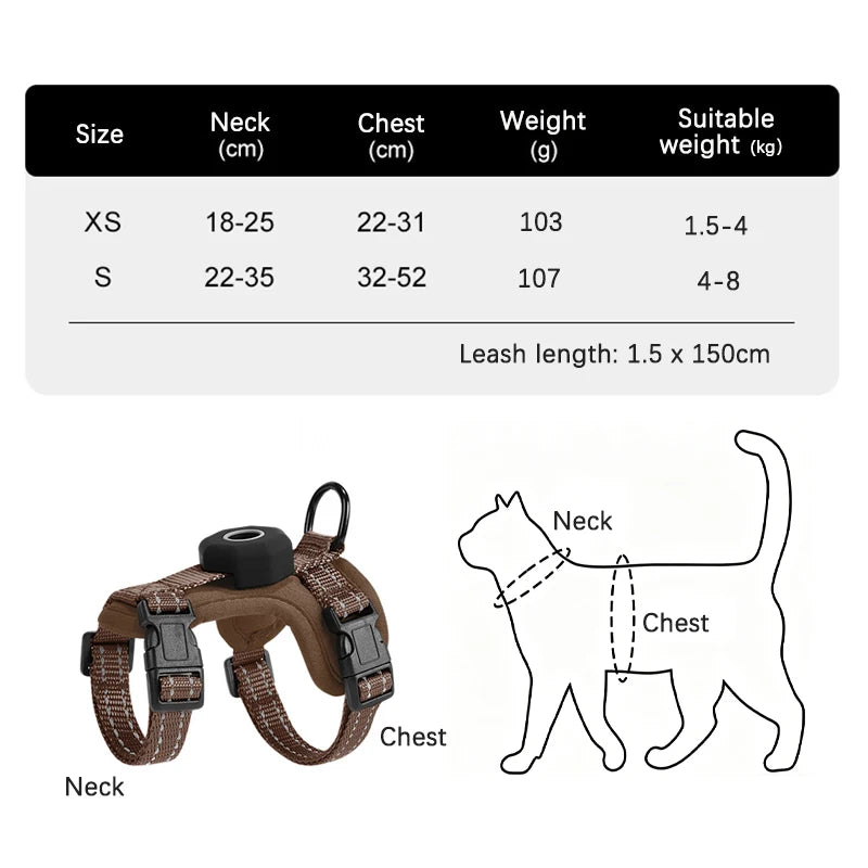 Escape-Proof Cat Harness with AirTag Holder Lightweight Reflective Adjustable Kitten Vest Harness for Outdoor Walking Active Cat