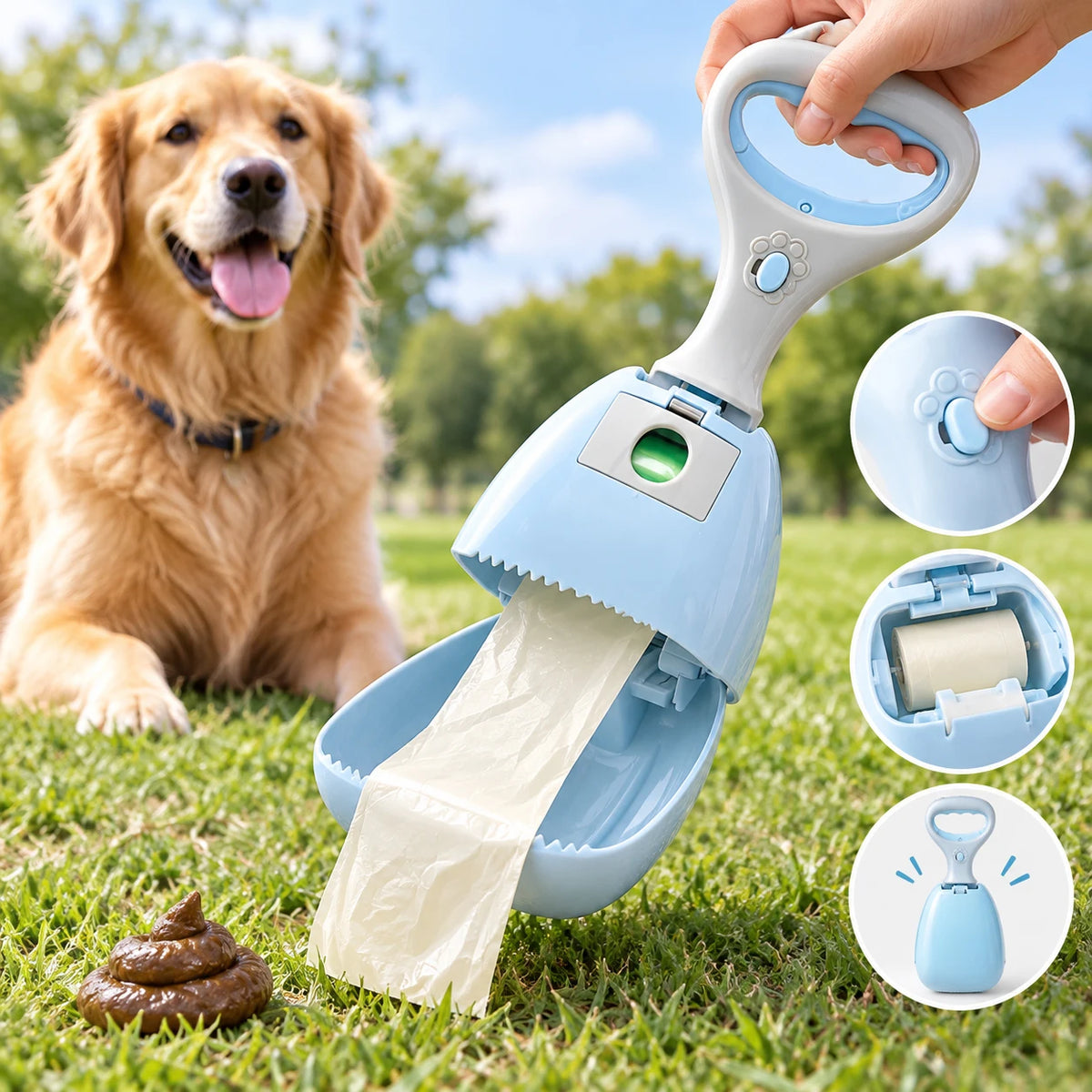 Dog Pooper Scooper Portable Pet Poop Picker with Built-in Waste Bag Holder One-Handed Dog Waste Collector for Outdoor Walking