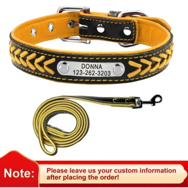 Engraved Leather Dog Collar Braided Persoanzled ID Tag Collars Nameplate Customized Pet Collar Leather Pet Walking Leash Leads