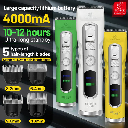 Fenice Green Dog Hair Cutting Machine 4000mA Capacity Cordless LCD Screen Pet Dog Grooming Clipper Rechargeable Dog Accessories