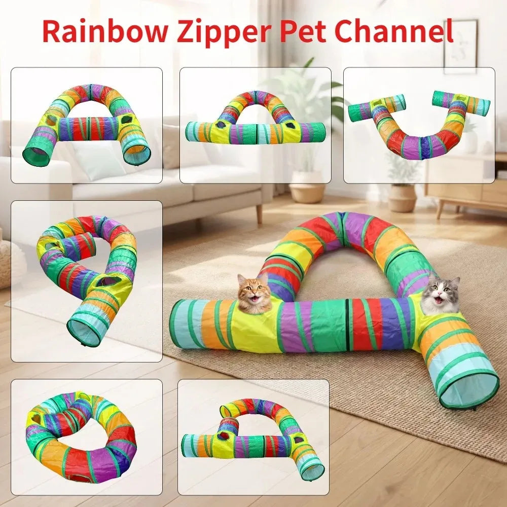 Pet Tunnel Multi Cat Interactive Rainbow Channel Large Multi Exit Foldable Cat Toy Drilling Cat Channel Durable Scratch and Bite