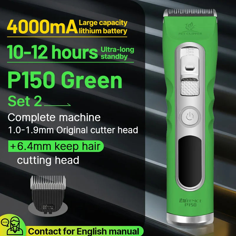 Fenice Green Dog Hair Cutting Machine 4000mA Capacity Cordless LCD Screen Pet Dog Grooming Clipper Rechargeable Dog Accessories