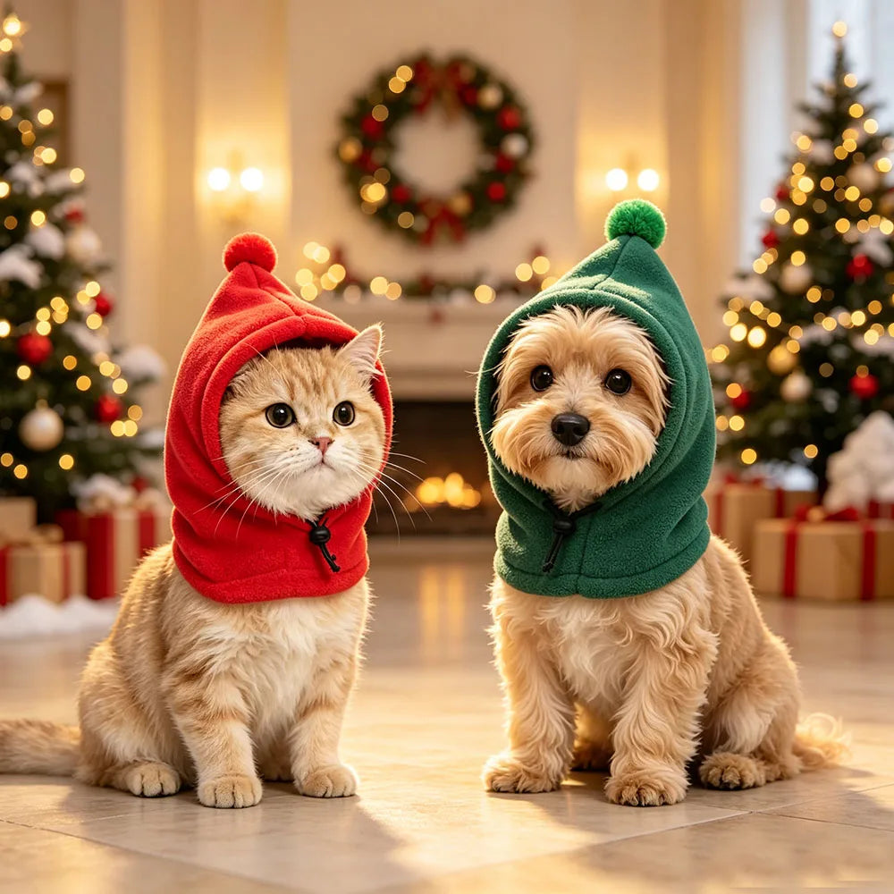 Dog Winter Hat, Doggie Flannel Hat Pet Christmas Winter Warm Caps Cute Accessories Neck Ear Warmer Pullover Hood Warm Scarf