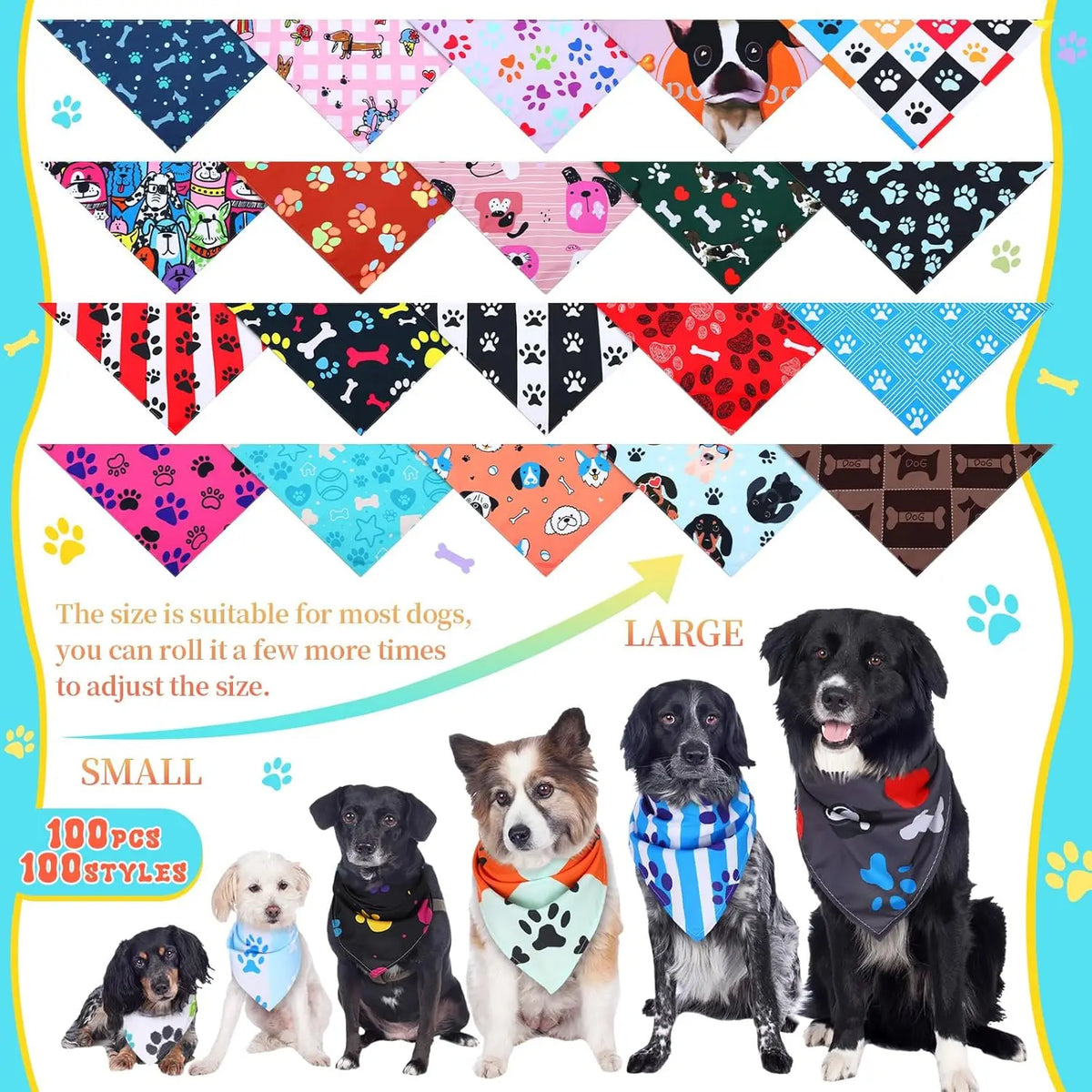 100 Pcs Paw Dog Bandanas Bulk Bibs Triangle Scarf Pet Bandanas for Medium Large Dogs Spring Summer Birthday Costume Decoration