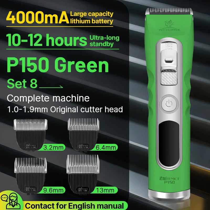Fenice Green Dog Hair Cutting Machine 4000mA Capacity Cordless LCD Screen Pet Dog Grooming Clipper Rechargeable Dog Accessories