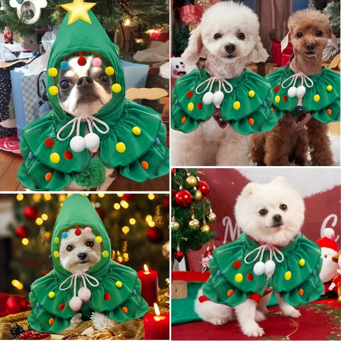 Pet Christmas Tree Costume Dog Cat Xmas Cape Cloak with Star Pom‑pom Decor Holiday Cosplay Outfit Small Dogs Cats Party Dress‑up