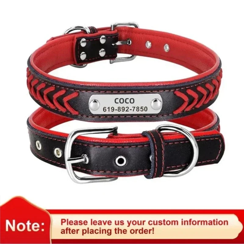 Engraved Leather Dog Collar Braided Persoanzled ID Tag Collars Nameplate Customized Pet Collar Leather Pet Walking Leash Leads