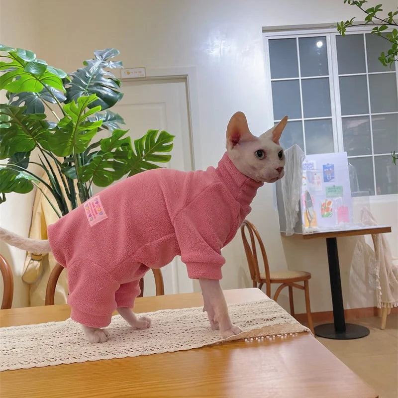 Fleece Coat for Sphynx Cat Warm Sweatshirt 4-legged Jumpsuit for Kittens Dogs soft Loungewear for Male Cat Devon Rex Sweater