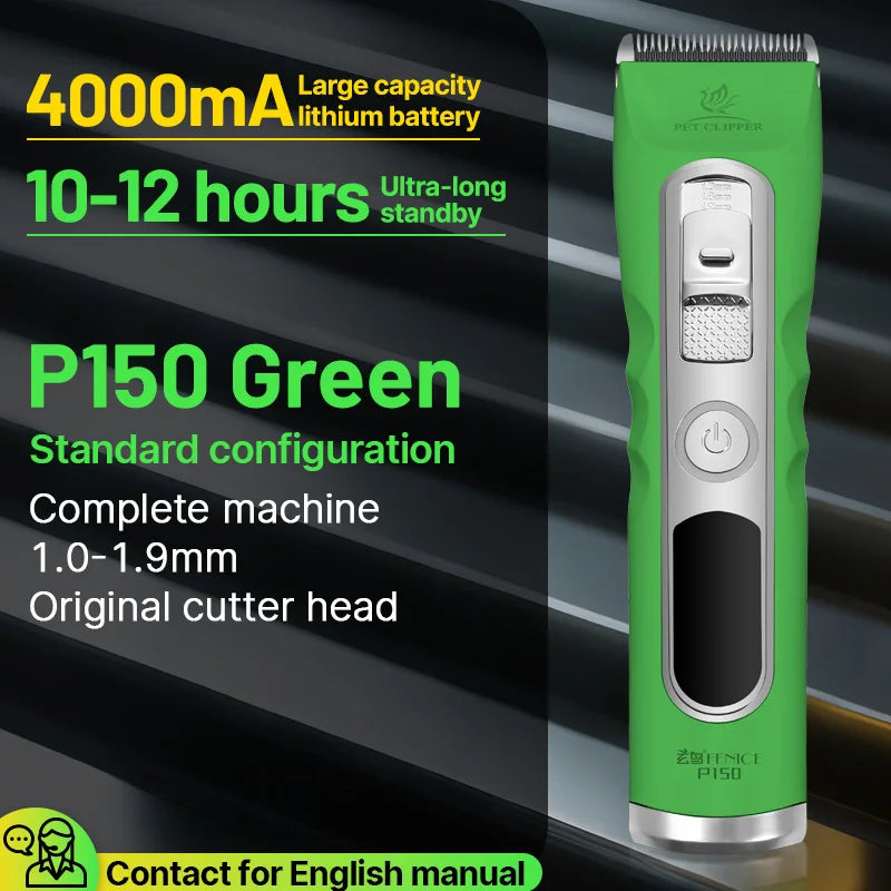 Fenice Green Dog Hair Cutting Machine 4000mA Capacity Cordless LCD Screen Pet Dog Grooming Clipper Rechargeable Dog Accessories