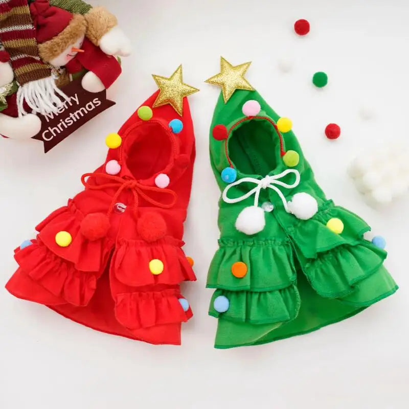 Pet Christmas Tree Costume Dress for Small Dogs Cats Xmas Festive Outfit with Star Hat Puppy Holiday Party Photo Prop Red Green