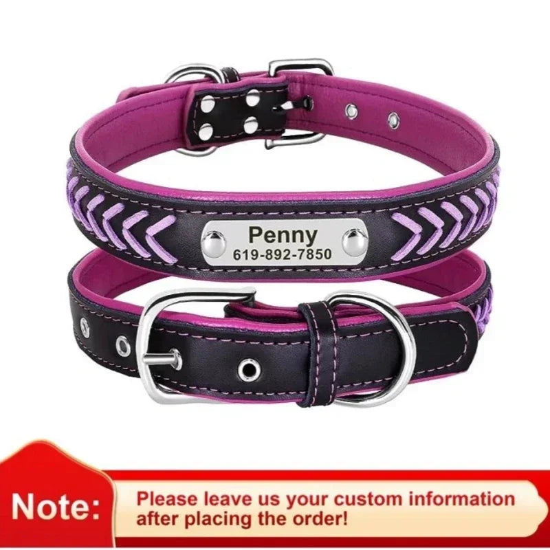 Engraved Leather Dog Collar Braided Persoanzled ID Tag Collars Nameplate Customized Pet Collar Leather Pet Walking Leash Leads